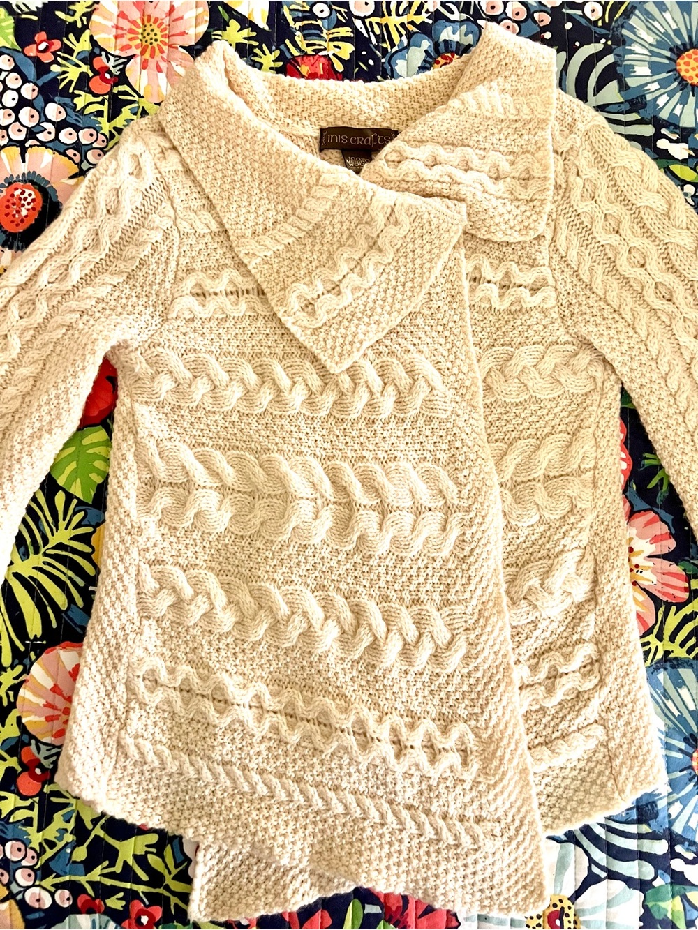 Inis Crafts 100% Merino Wool Cream Cable Knit Women’s Cardigan Sweater with Cowl
